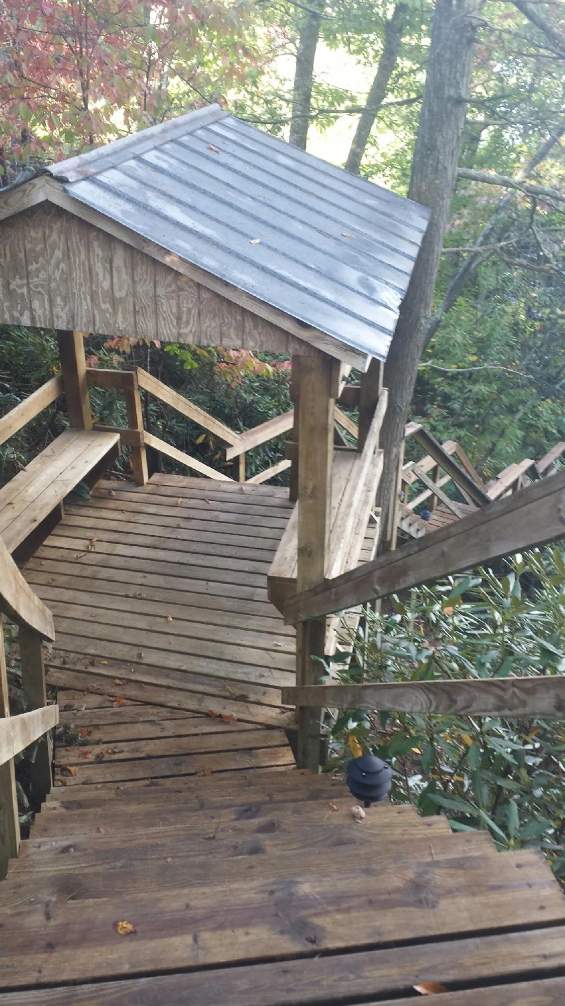 Metal roofed shelter over wooden steps on a wooded walkway — Skylight Repair & Installation work by our crew in Ava
